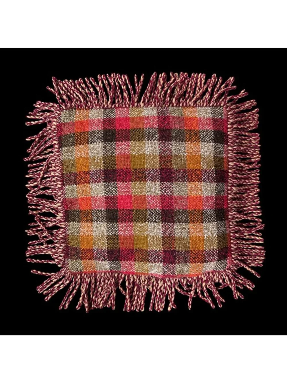 Vintage Plaid Throw Pillow 1970s Fringe Red Orange Brown Couch Cushion Retro
